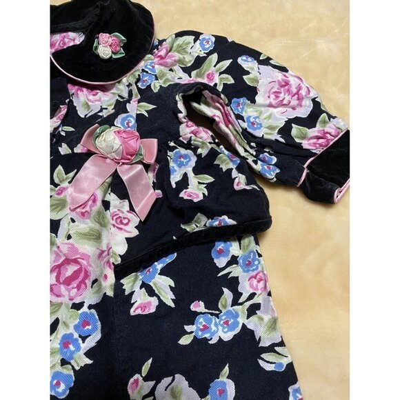 Floral Canvas Velvet Romper Buttoned Closure Bottom Jogger Vintage 6-9 Months - Picture 10 of 10